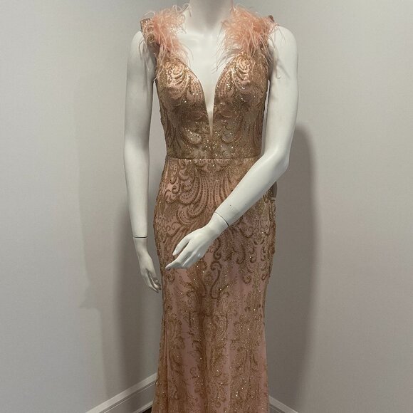 Glamorous Blush Maxi Dress with Feather Accents - Picture 1 of 10